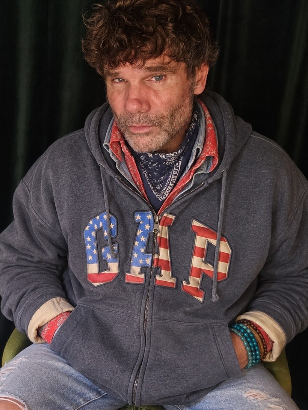 GAP Men's Zip Hoodie in Navy with American Flag Logo